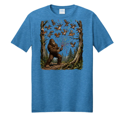 Sapphire Heather - Bigfoot Party Popper squirrel graphic tee